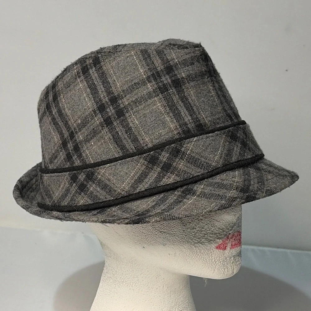 Grey Plaid Fedora Hat Wool Blend Checkered Trilby 58cm